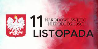 Grafika - godło Polski i Napis 11 listopada na biało-czerwonym tle